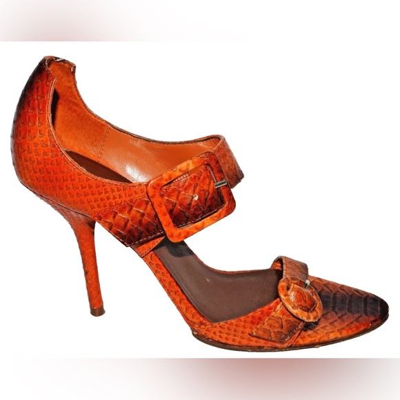 HYPE PARADE SZ 7 M ORANGE SNAKE PRINT LEATHER SANDALS STILETTO HEELS - Picture 1 of 5